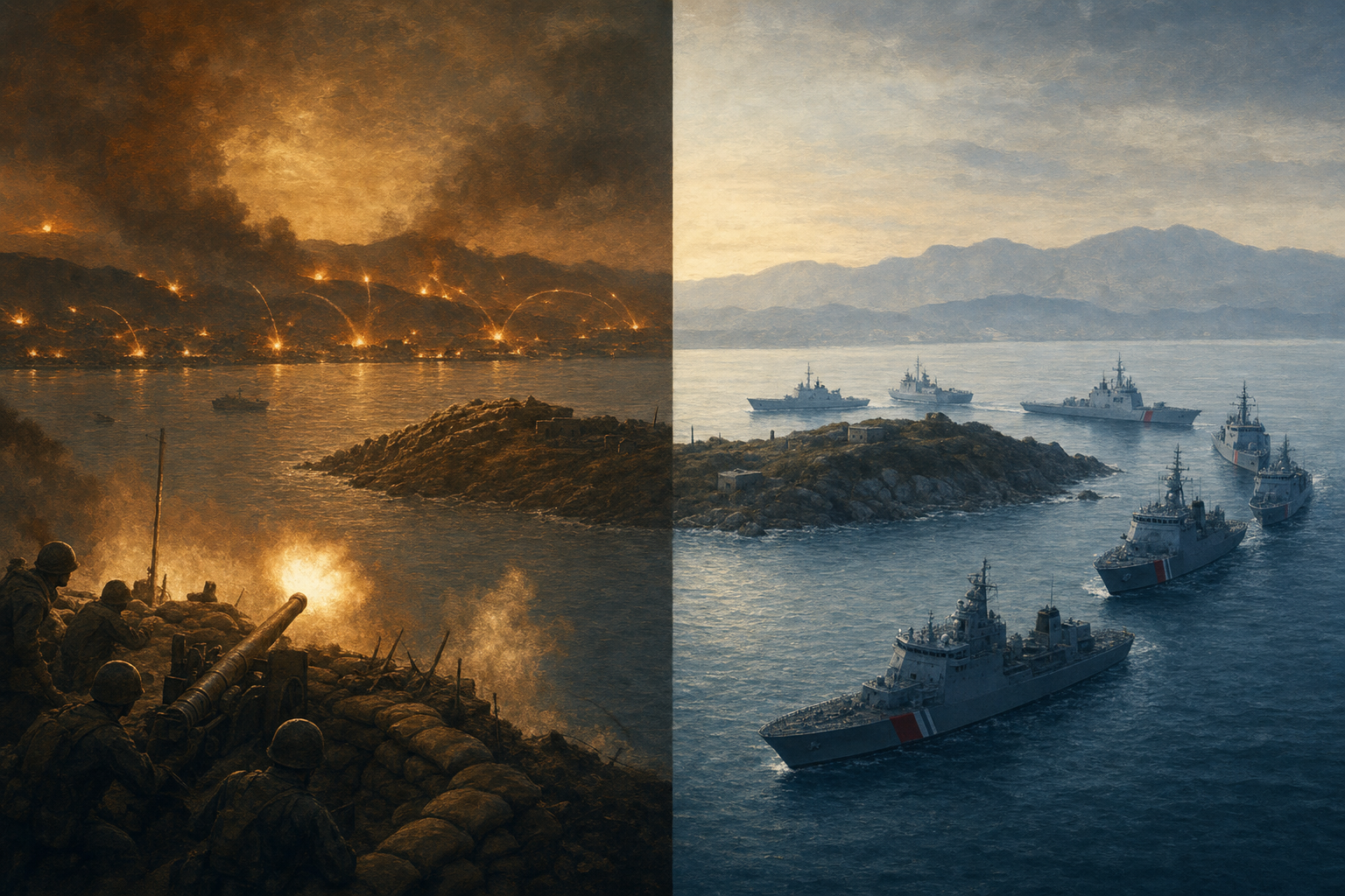 A painterly split-frame editorial illustration. On the left, August 1958: a low rocky island just off a mainland coast, wreathed in shell-smoke, hundreds of orange artillery muzzle-flashes stitching the far hills across a narrow strait, a sandbagged bunker and dug-in soldiers in silhouette, in warm violent firelight. On the right, late 2025: the same low rocky island, now ringed by modern grey coast guard cutters drawing a tight arc of encirclement in cold pale dawn light, calm water, no smoke, the mainland hazy beyond. A single continuous strip of grey strait water runs across the centre seam, lit by warm gunfire on the left and cold dawn on the right, the same specks of rock pressured at the same place twice, sixty-eight years apart.