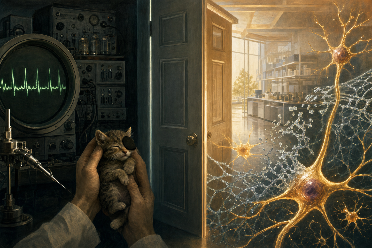 A painterly split-frame editorial illustration. On the left, a dim 1960s electrophysiology laboratory: a small newborn kitten with one eye gently covered cradled in a researcher's hands, a fine microelectrode and a round oscilloscope showing a single green spike, the shared doorway on this side swung shut with a thin cold seam of light. On the right, a bright modern 2026 neuroscience laboratory: a single luminous neuron freed of a tight perineuronal-net lattice with star-shaped astrocytes glowing nearby, the shared doorway swung open and warm light flooding through. A single continuous doorway runs across the centre seam, closed and cool on the left, open and warm on the right, the brain's window of plasticity shown to shut once and now shown it can be opened again.