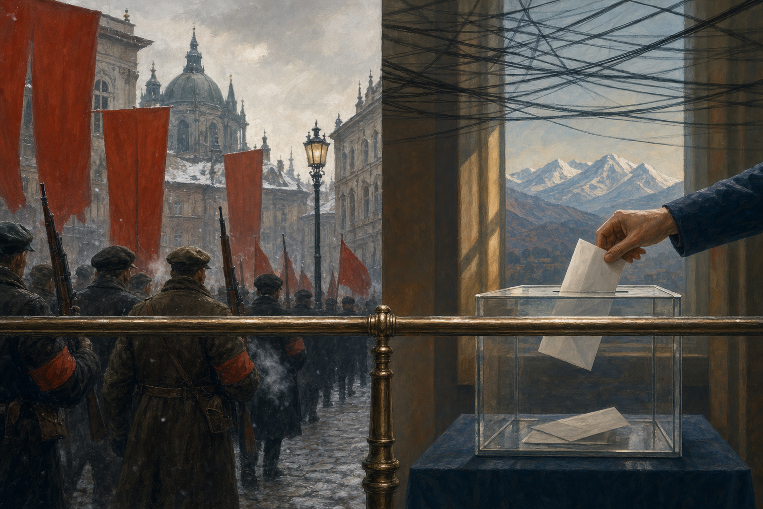 A painterly split-frame editorial illustration. On the left, February 1948 Prague: armed workers' militias in caps and armbands choking a snowy cobbled street beneath towering blood-red banners, grand baroque facades behind, in cold grey winter light. On the right, 2026 Armenia: a modern hand posting a folded ballot into a clear ballot box in a cool-lit polling station, a faint dark web of shadow-threads hanging above, snow-capped Caucasus peaks framed in a window beyond. A single continuous railing runs across the centre seam, cold red coercion on the left, cool contested daylight on the right, the same small-nation predicament pulled into the orbit once and trying to climb out now.