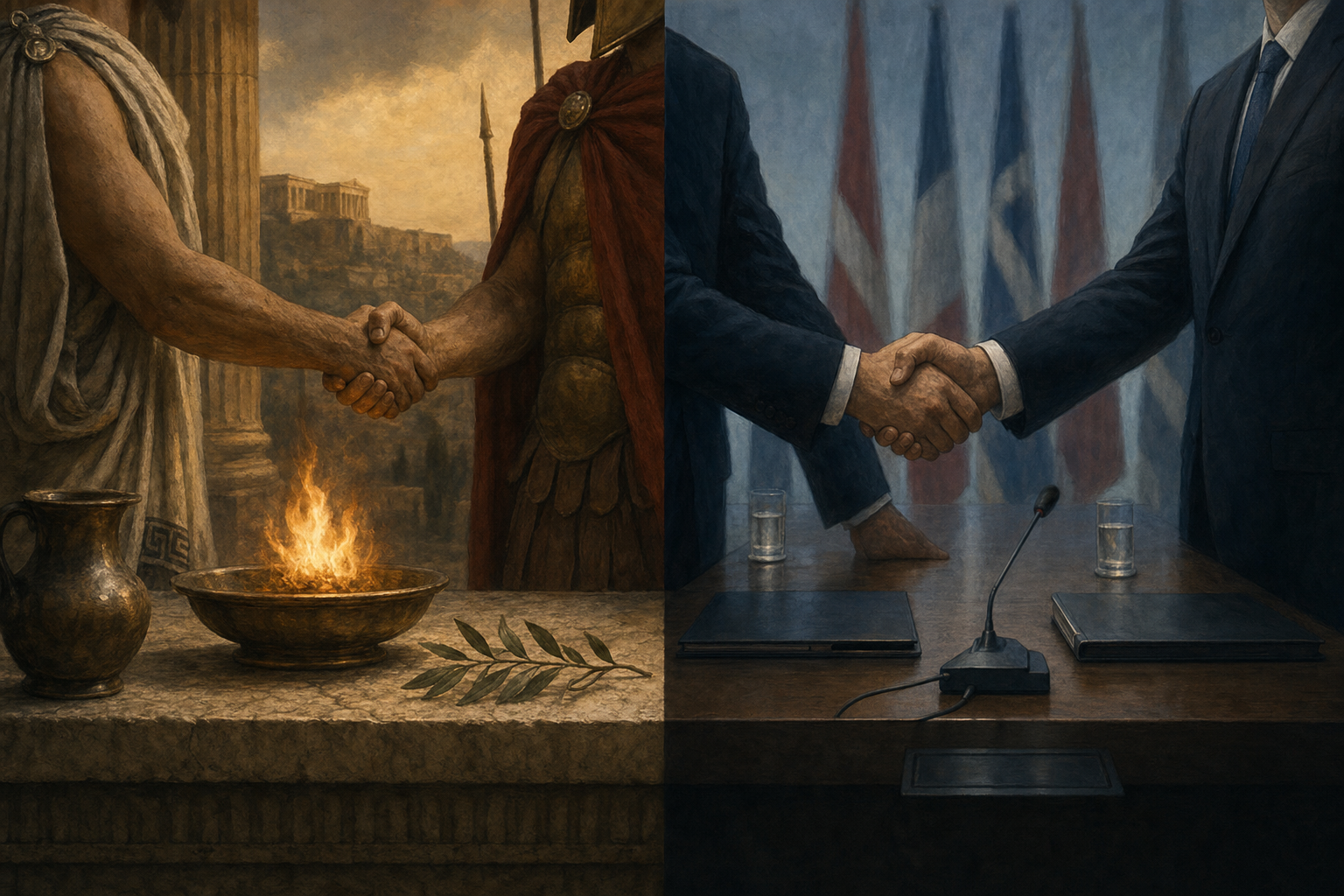 A split-frame painterly editorial illustration. On the left, an ancient Greek sanctuary in 421 BC: two robed figures, an Athenian in pale cloth and a Spartan in a red cloak, clasp hands over a low stone altar with a small flame and a bronze libation bowl, an olive branch laid on the stone, warm honey-gold firelight, marble temple columns behind. On the right, a modern conference room in 2026: two suited diplomats shake hands across a polished table strewn with closed leather folders and a microphone, national flags blurred behind them, cool grey-blue LED light. A single continuous table edge runs straight across the centre seam, an ancient altar slab on the left becoming a modern conference table on the right, warm firelight on the left fading to cold institutional light on the right, the same fragile handshake between distrustful enemies struck twenty-four centuries apart.