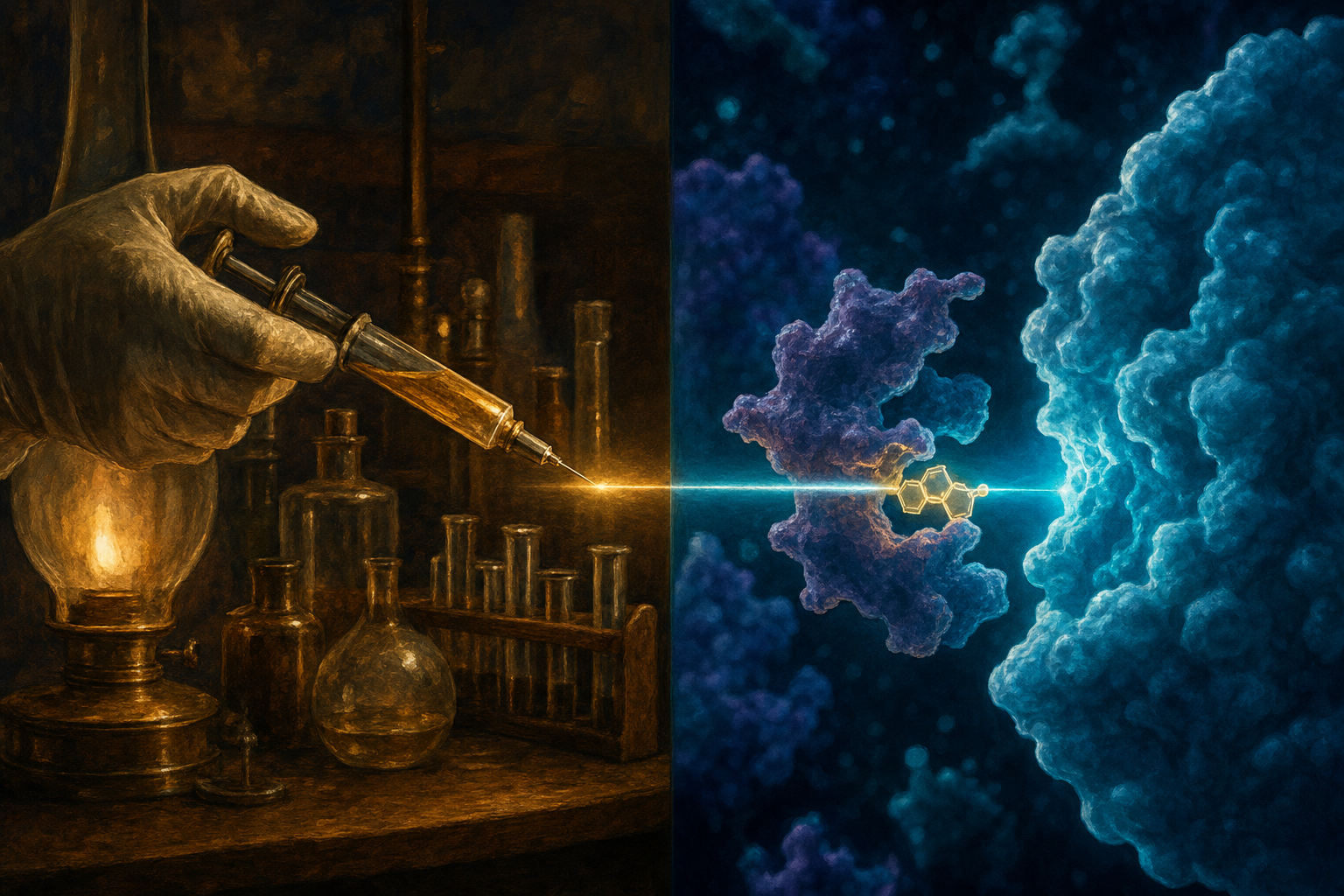 A split-frame painterly editorial illustration. On the left, a Frankfurt laboratory in 1909: a gloved hand eases a slim glass syringe filled with pale amber fluid toward its target, lit by the warm flame of a brass oil lamp, with dark wood and the glint of glassware around it, the dream of the magic bullet. On the right, a 2026 molecular render in a deep blue-black biological void: a small glowing faceted drug molecule is clamped by a second helper protein onto the smooth, featureless cyan flank of the KRAS cancer protein, holding it shut. A single continuous beam of light streams straight across the centre seam, a warm amber sliver of lamplit fluid on the left becoming a precise cool-cyan molecular ray on the right, the same idea, one molecule aimed at one impossible target, a hundred and sixteen years apart.