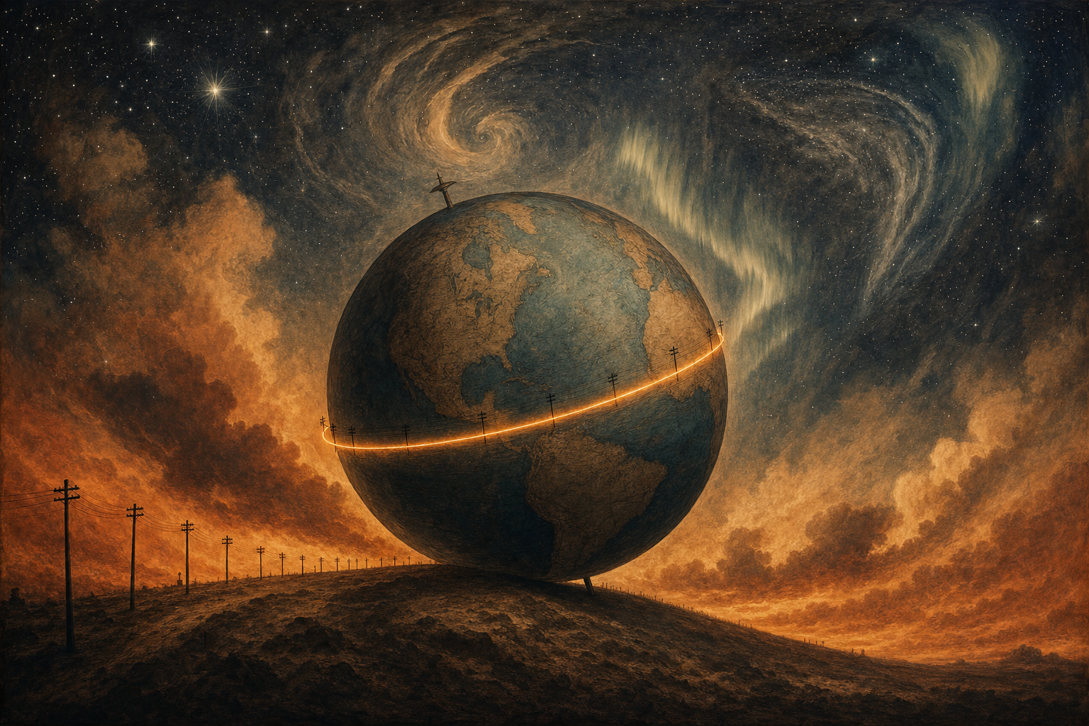 A painterly editorial illustration in muted sepia, umber and steel-blue. The planet Earth, rendered in the spirit of an 1881 engraving, is wrapped by a single continuous glowing telegraph wire like a thread around a globe. The planet's axis is visibly tilted onto a new angle, a line of small telegraph poles marches off the curved horizon, and above it stretches an immense brooding sky of streaming cloud, wheeling stars and faint aurora, evoking the prophesied cosmic catastrophe that the telegraph would tip the earth off its axis.