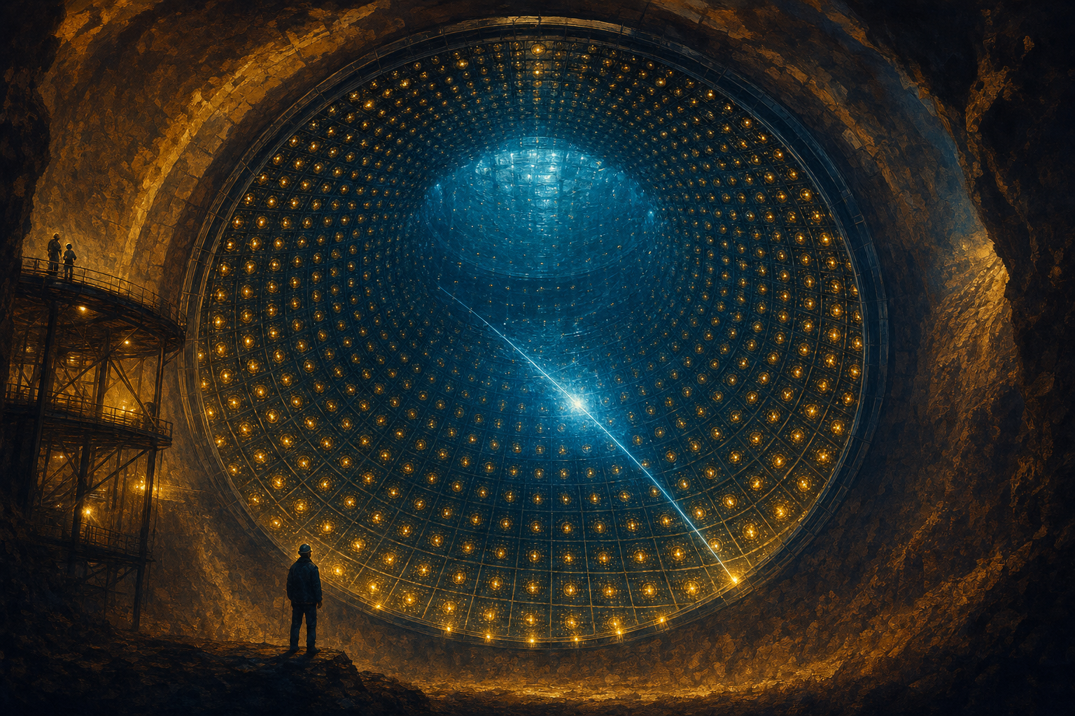 A painterly editorial illustration in warm amber and ochre against cool blue and electric cyan. A colossal modern underground neutrino observatory: a vast spherical detector chamber deep in a rock cavern, its curved walls covered in tens of thousands of glowing golden photo-sensors surrounding a body of faintly luminous electric-blue liquid. A single bright thread of a ghostly particle streaks through the sphere. The mood is monumental and cathedral-like, a structure built underground to glimpse an almost undetectable particle.