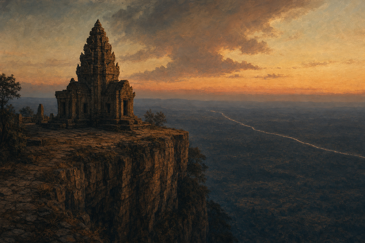 A painterly editorial illustration in muted sepia, terracotta and steel-blue. An ancient Khmer temple stands alone on the very lip of a sheer cliff in the Dangrek mountains at dusk, its sandstone colonnade catching the last ember light. A vast plain falls away below into deep blue haze under a violet and ember sky. A single faint luminous line threads across the dark land where no border exists in nature, evoking the 1907 map line that decided the temple's fate.