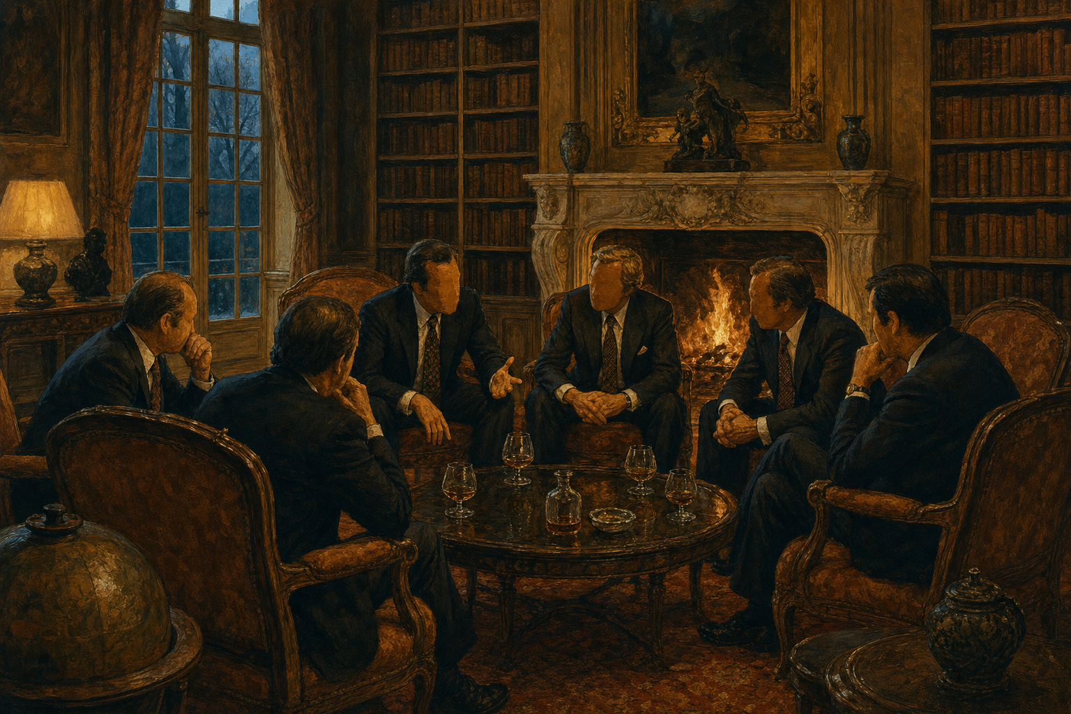 A painterly editorial illustration in warm sepia, umber and firelit amber. Six world leaders in dark 1970s suits sit in armchairs around a great roaring fireplace in a grand French château library in 1975, leaning toward one another in frank, private conversation, with brandy glasses on a low table and floor-to-ceiling antique bookshelves behind them. The mood is intimate and historic, the accidental birth of the most exclusive club in international politics.