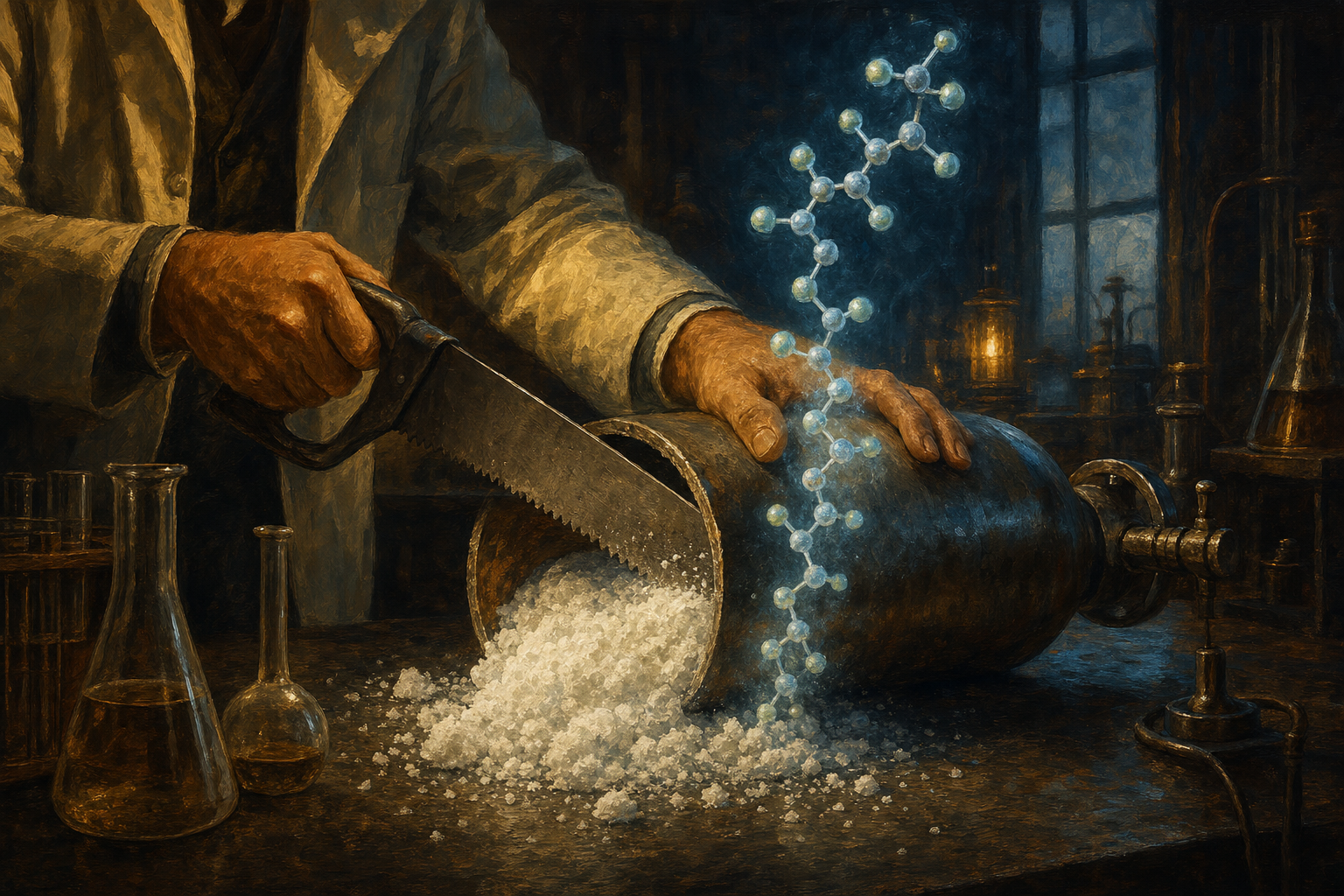 A painterly editorial illustration in warm amber and ochre against cool blue and electric cyan. In a 1938 laboratory, a chemist's hands saw open a heavy steel gas cylinder on a dark bench, and a strange white waxy powder spills out. A faint glowing molecular chain rises from the powder into the darkness, suggesting the unbreakable carbon-fluorine bonds of Teflon. The mood mixes serendipity and wonder with foreboding.
