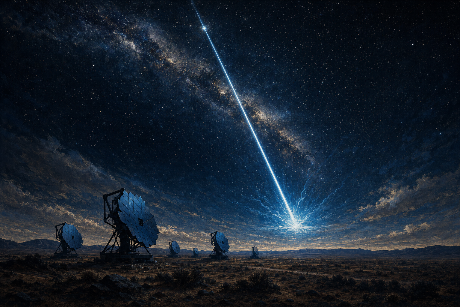 A painterly editorial illustration in deep cosmic blue and black with electric cyan and warm gold. A vast moonlit desert lies under an enormous star-strewn sky with the Milky Way arcing overhead. A single searing thread of blue-white light, an ultra-high-energy cosmic ray, lances down and blooms into a faint blue flash high in the atmosphere, while the silhouettes of cosmic-ray telescope mirrors sit on the dark plain below. The mood is sublime and mysterious.