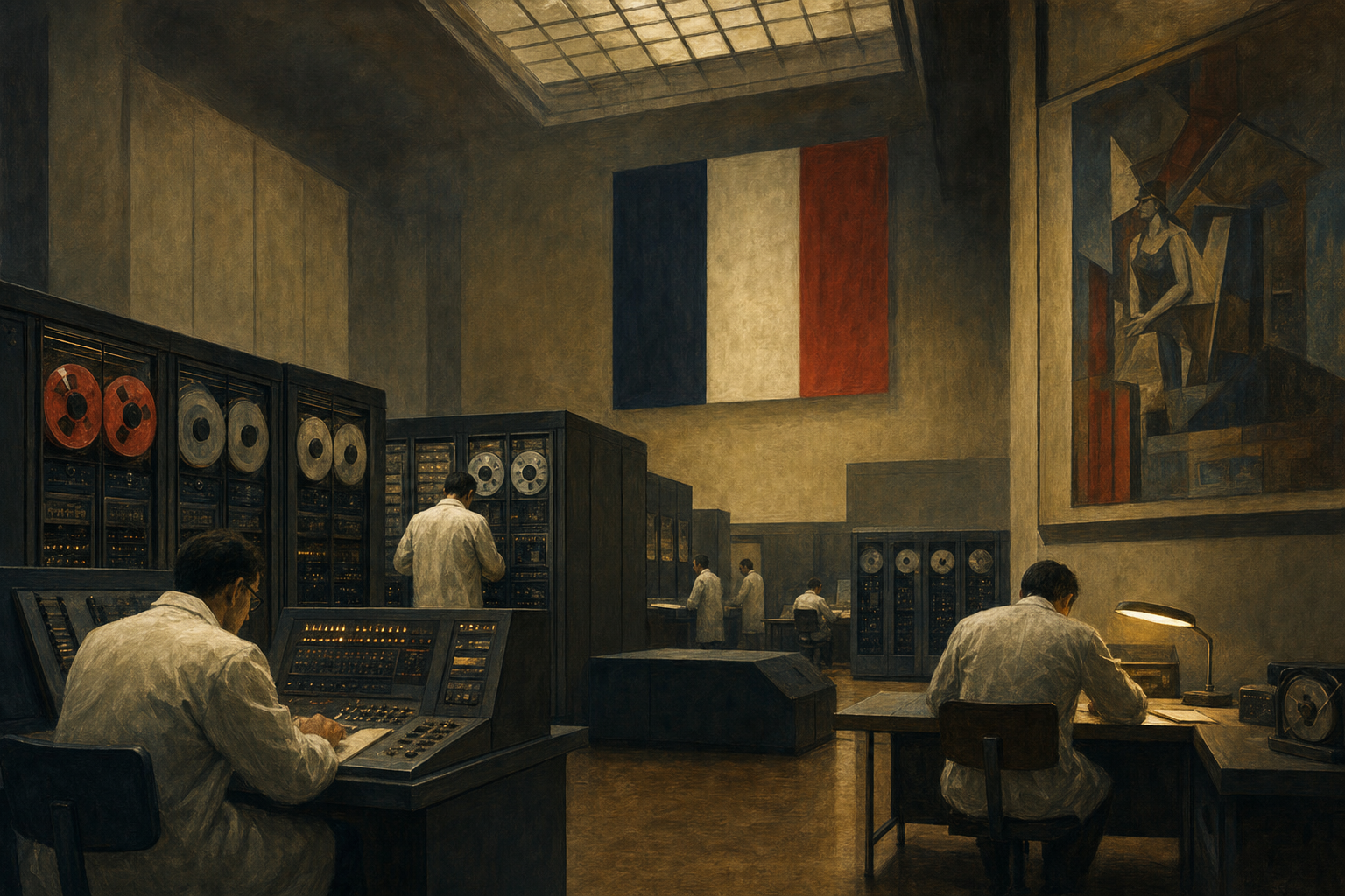 A painterly editorial illustration in muted sepia, umber and steel-blue with warm lamplight. A 1960s French national computer hall, lined with tall grey mainframe cabinets and spinning tape reels, engineers in white coats at work, a French tricolour on the wall. The mood is ambitious and sober, the proud and slightly doomed effort of a nation trying to build its own computers to rival the American giants.
