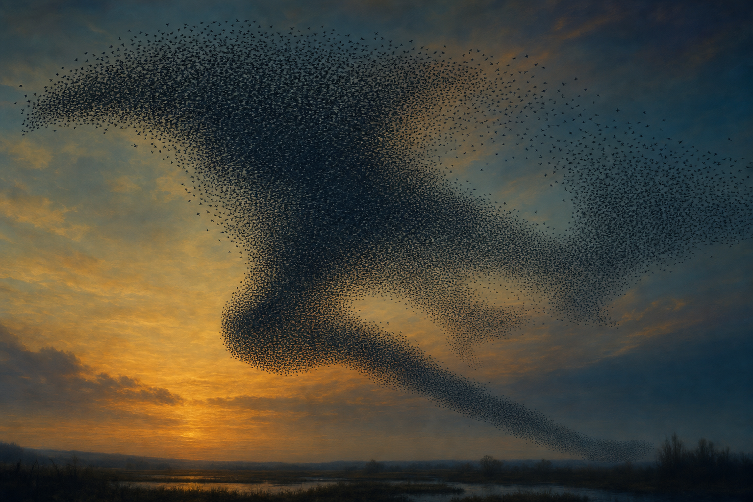 A painterly editorial illustration in deep dusk blue and warm amber with electric cyan accents. A vast murmuration of thousands of starlings swirls into a great shifting living shape against a glowing dusk sky, with a faint suggestion of one-directional flow within the flock. The mood is sublime and mesmerising: the beauty of collective motion that appears to defy Newton's third law.