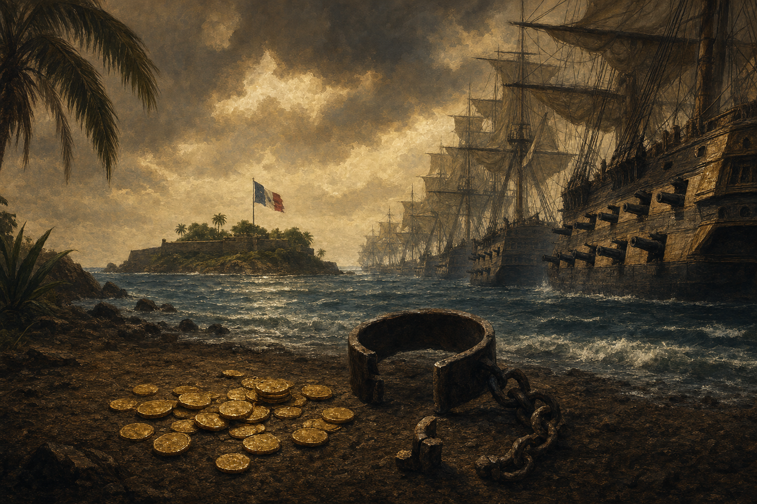 A painterly editorial illustration in muted sepia, umber and cold sea-blue. Off the Haitian coast in 1825, a menacing line of tall French warships with gunports open and cannons run out looms over a small green island flying a lone new flag. In the foreground, a broken iron shackle lies among a scatter of gold coins on a dark shore. The mood is tragic and ominous: the ransom a newly free nation was forced to pay for its own freedom.