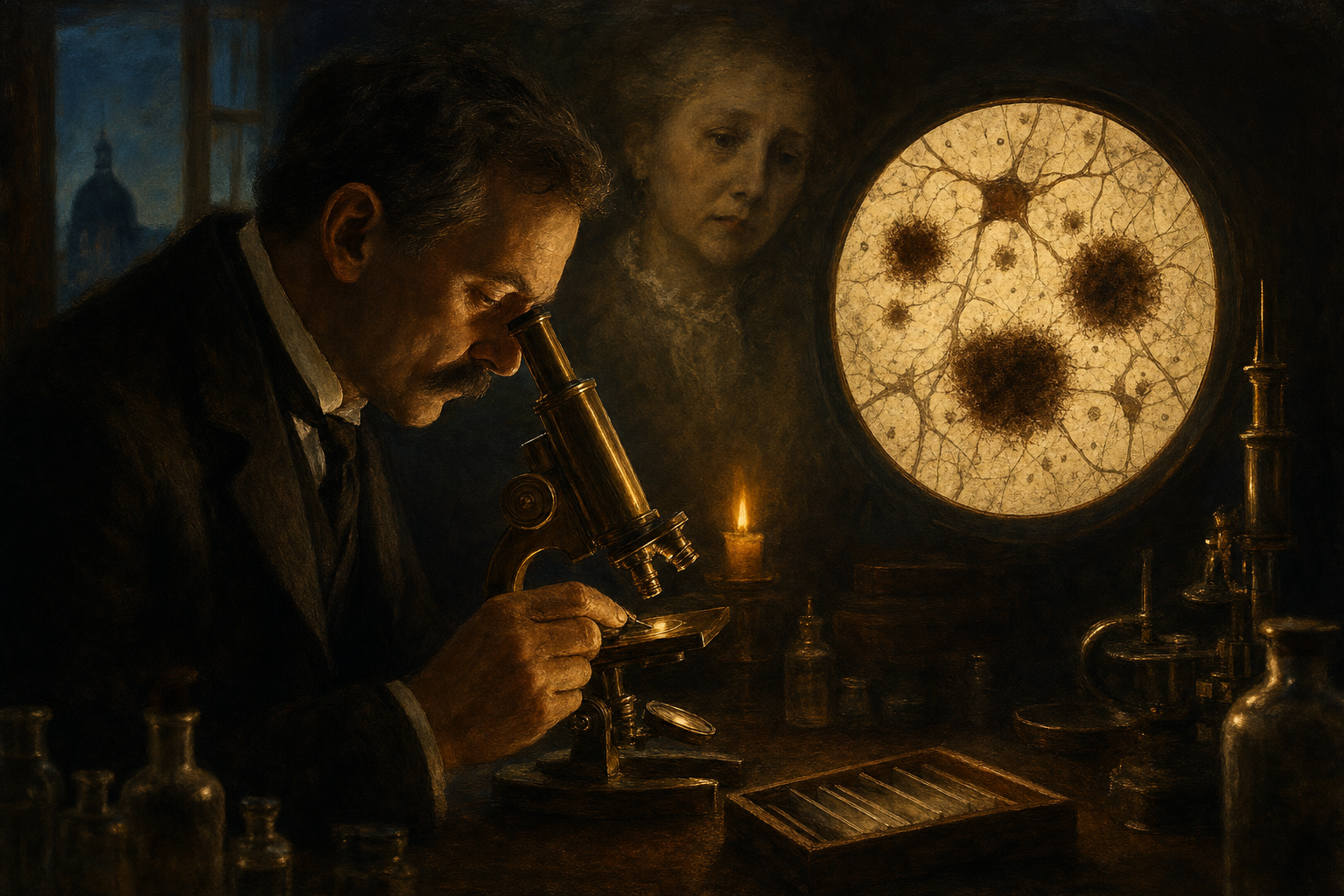 A painterly editorial illustration in warm candlelit amber against cool shadow with a faint copper-blue accent. In a dim 1906 laboratory, a moustached physician bends to a brass microscope studying a brain slide; a glowing circular microscope field shows dark amyloid plaques, and faintly behind him hovers the careworn face of a lost woman. The mood is poignant and intent, a moment on the edge of discovery.