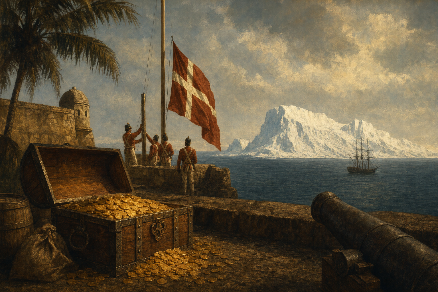 A painterly editorial illustration in warm sepia and terracotta with cold ice-blue at the horizon. A 1917 open chest of spilling gold coins sits on a stone quay beside a Danish colonial Caribbean fort, where a flag is changing on its pole, while on the cold far horizon rises the stark white outline of Greenland. The mood is weighty and ironic: the recurring American appetite for Danish islands across a century.