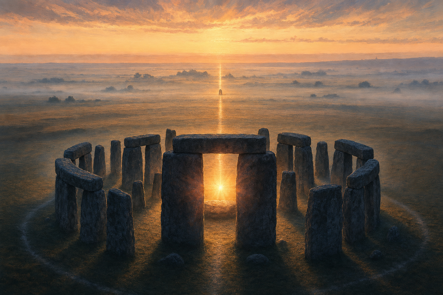 A painterly editorial illustration in warm dawn gold and rose over cool blue-grey stone. Stonehenge stands on Salisbury Plain at solstice dawn, the rising sun blazing through its great sarsen arches, the pale recumbent Altar Stone faintly aglow at the centre, with low mist on the chalk grassland and a faint luminous thread of light leaving the monument toward the far northern horizon, suggesting the Altar Stone's astonishing journey from Scotland.