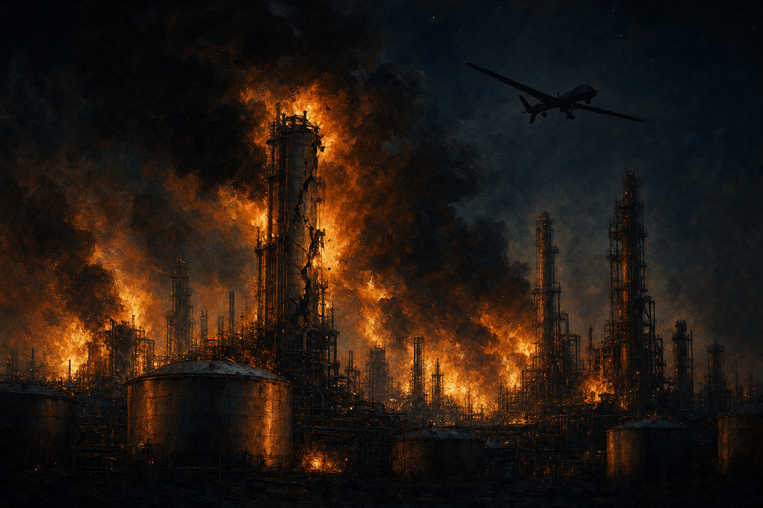 A painterly editorial illustration in deep umber, soot-black and steel-grey with violent fire-orange. A great oil refinery burns at night, its cracking towers and storage tanks wrapped in towering orange flame and black smoke, while the small dark silhouette of a long-range drone passes high above against a deep night sky. The mood is ominous and strategic: the war waged on fuel.