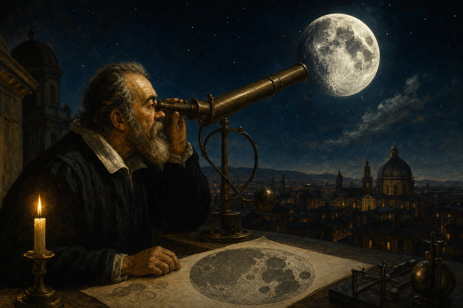 A painterly editorial illustration in cool moon-silver and warm candle-gold over deep night-blue. Galileo Galilei stands at his long tube telescope on a rooftop at night, one eye to the eyepiece, the great cratered Moon looming bright above him, with his ink-and-wash Moon drawing and a candle on the table beside him. The mood is one of discovery: the moment the perfect heavenly sphere became a rugged, real world.