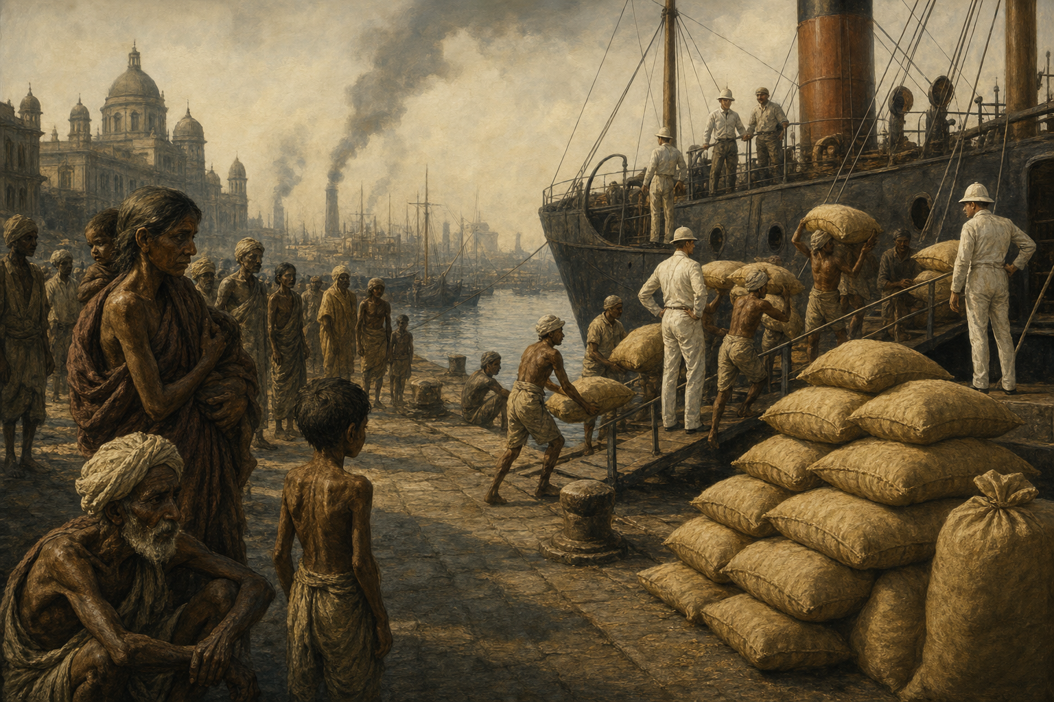 A painterly editorial illustration in dust-ochre, faded colonial white and sombre grey. At a colonial Indian port in 1877, porters load sacks of wheat onto a British steamer while gaunt famine victims watch from the quay, the harbour and a smoke-tinged waterfront beyond. The suffering is rendered with restraint and dignity. The mood is tragic and indicting: food leaving a starving land.