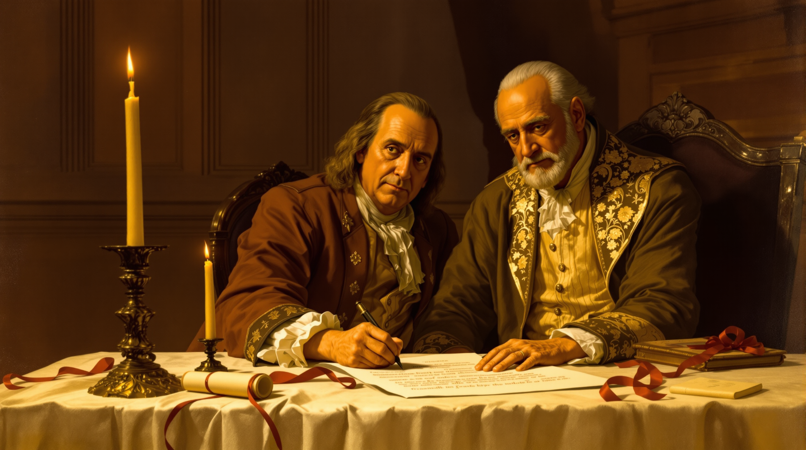 A painterly editorial illustration in sepia, terracotta and warm candle-gold. At a draped table in 1778, an elderly Benjamin Franklin signs a parchment treaty by candlelight while a French diplomat in embroidered court dress stands beside him, a wax seal and ribbon on the document, a warm panelled room behind. The mood is grave and historic: the quiet moment a great power first recognised the United States.