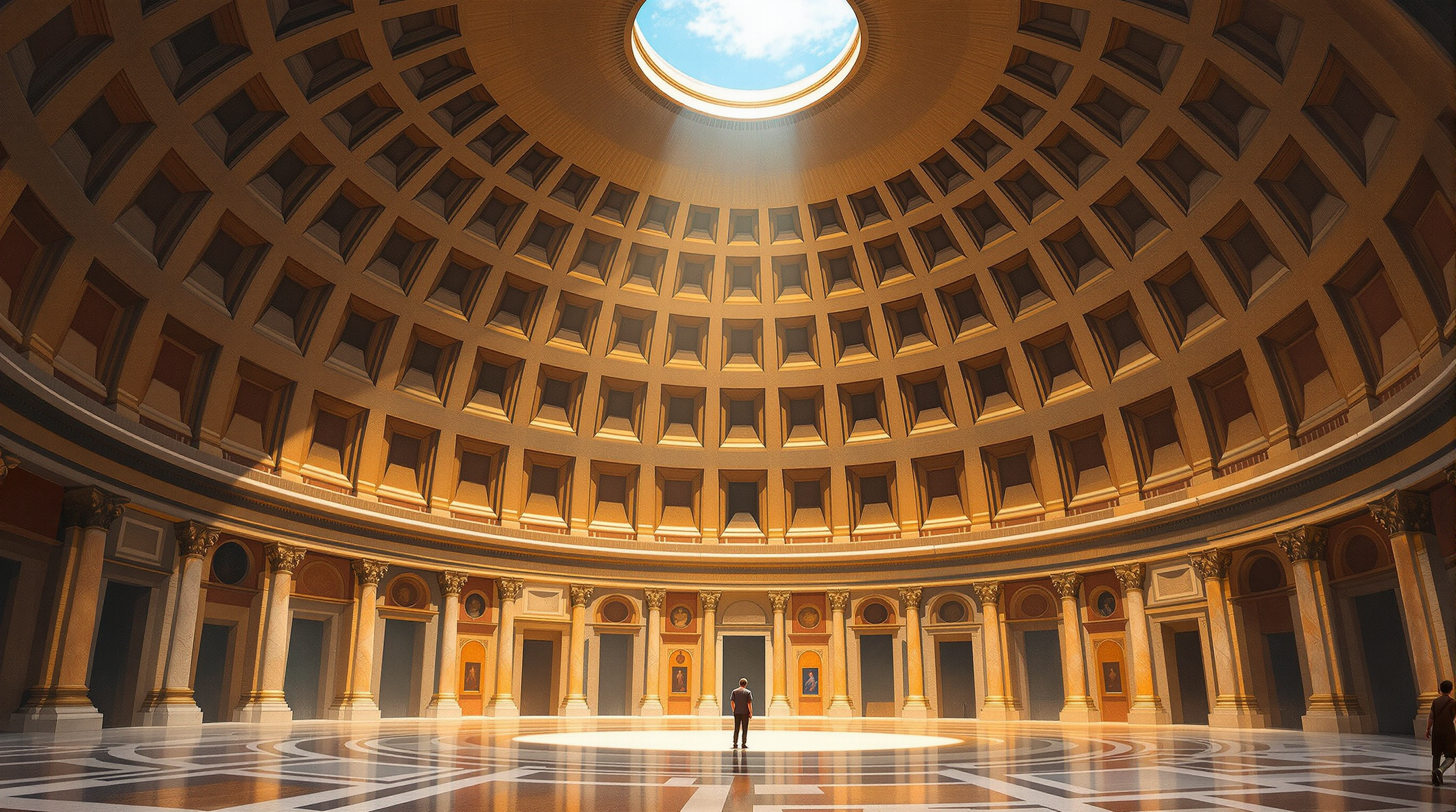 A painterly editorial illustration in warm amber and honey-gold stone with cool blue sky-light. The interior of the Roman Pantheon: the great coffered unreinforced concrete dome rises to its open oculus, a single dramatic shaft of daylight pours down onto the marble floor, deep umber shadow around, a tiny lone visitor for scale. The mood is awe and endurance: the genius of the ancients still standing after nineteen centuries.