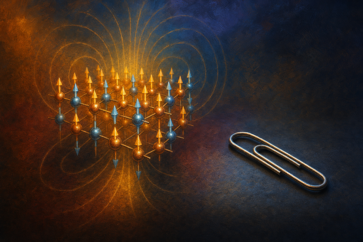 A painterly editorial illustration in warm amber and gold with cool cyan and indigo. A close symbolic composition of antiferromagnetism: a lattice of tiny atomic arrows pointing in strictly alternating opposite directions so they cancel, glowing faintly from within and summing to nothing outside, beside a single ordinary paperclip lying untouched on a dark surface. The mood is elegant and quiet: the beauty of a discovery that looked useless.