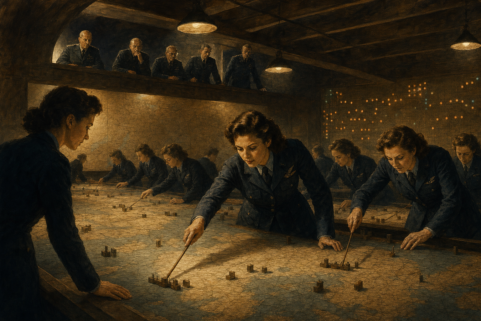 A painterly editorial illustration in muted sepia and steel-blue. In an underground RAF Fighter Command operations room in 1940, young women in air-force blue lean over a vast map table, pushing wooden raid markers with croupier's rakes, while senior officers watch from a raised balcony and a wall tote of indicator lights glows behind. The mood is tense and historic: the quiet machinery of victory.
