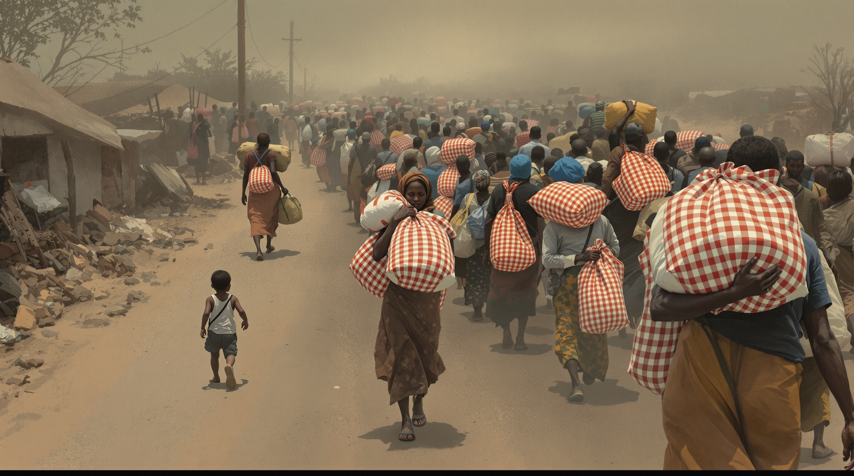 A painterly editorial illustration in dust-ochre and faded earth tones with the bright red-white-blue check of woven bags. On a crowded road out of Nigeria in early 1983, West African families flee on foot carrying cheap checked woven-nylon 'Ghana Must Go' holdalls and bundles, a child clutching a smaller bag, a dense crowd streaming toward a hazy border. The suffering is rendered with restraint and dignity. The mood is sombre: a whole life packed into a cheap bag.