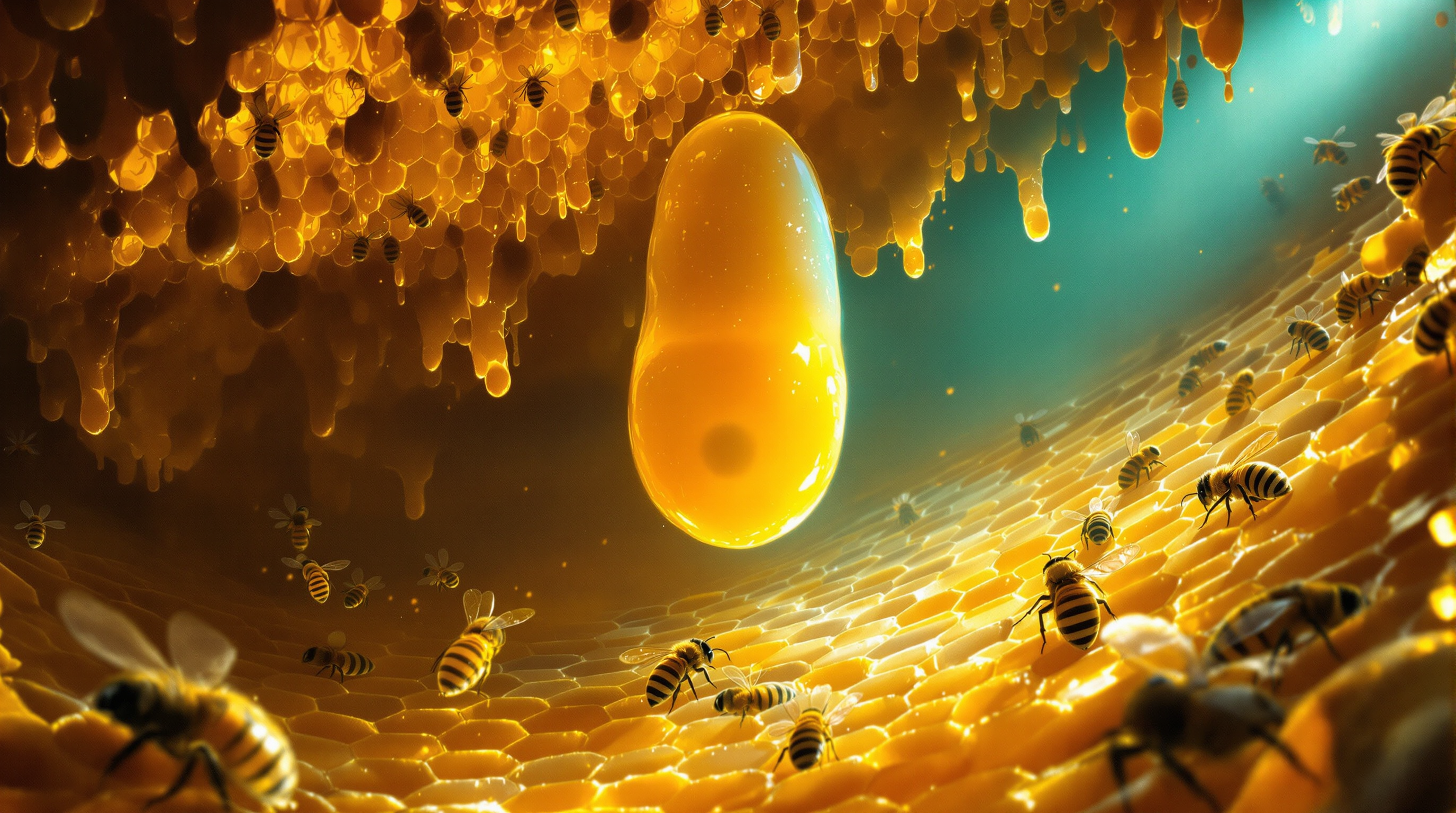 A painterly editorial illustration in warm amber and honey-gold with a cool cyan rim. An extreme close-up inside a beehive: a single large peanut-shaped queen cell hangs among neat hexagonal worker cells, a pale larva curled within a pool of milky royal jelly, worker bees tending at the edges, the wax glowing warm from within. The mood is intimate and wondrous: the secret architecture of a queen.