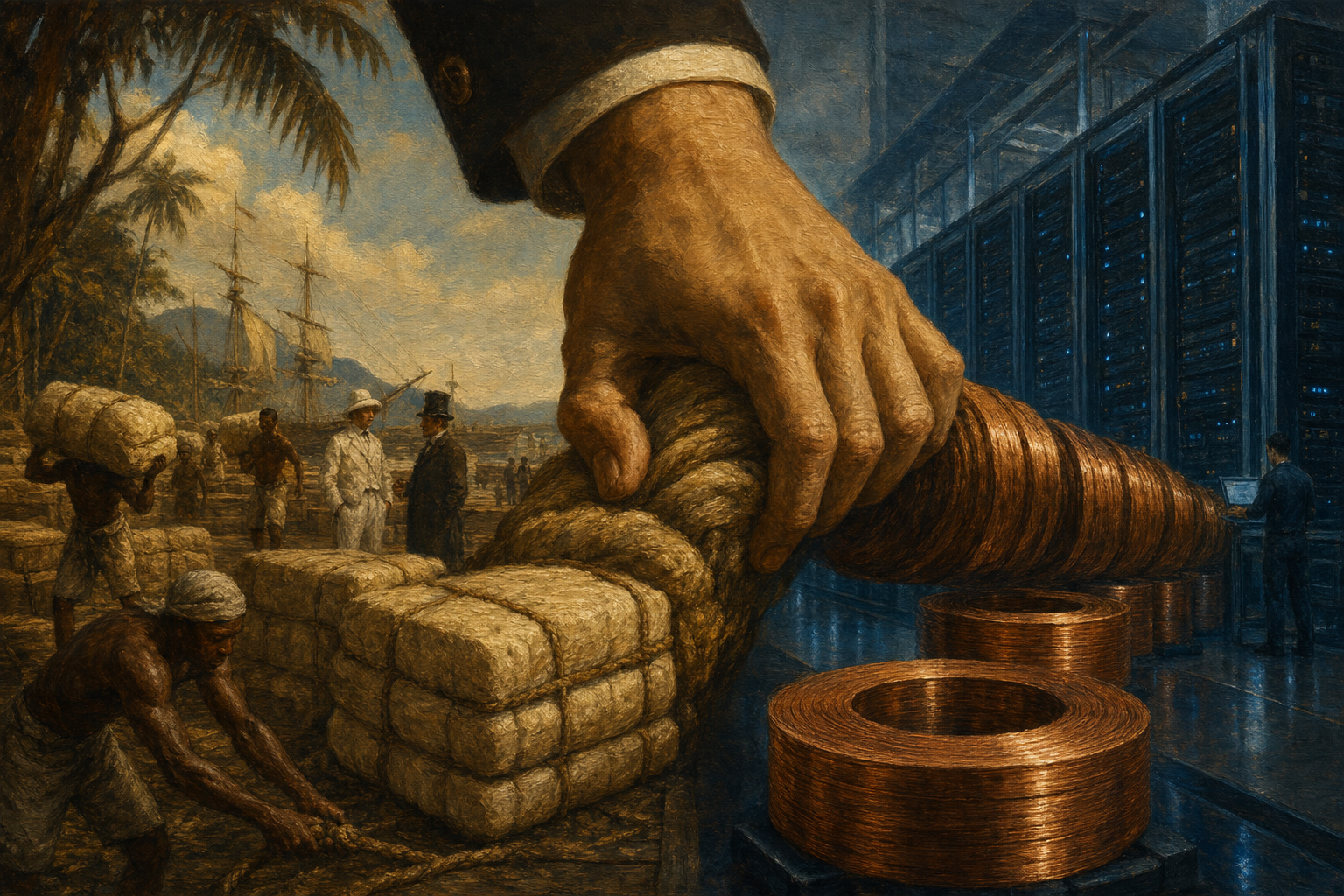 A painterly oil-style editorial illustration in muted sepia, terracotta, umber and ochre with cool steel-blue accents and the warm gleam of copper. On one side a sunlit colonial dockside is stacked with pale smoked rubber bales held back from the world under a tropical sky; the scene flows into cool steel-blue where the same stacks become gleaming copper coils and dark server racks of a modern data centre. The mood is weighty and strategic: one hand squeezing the supply the whole world depends on.