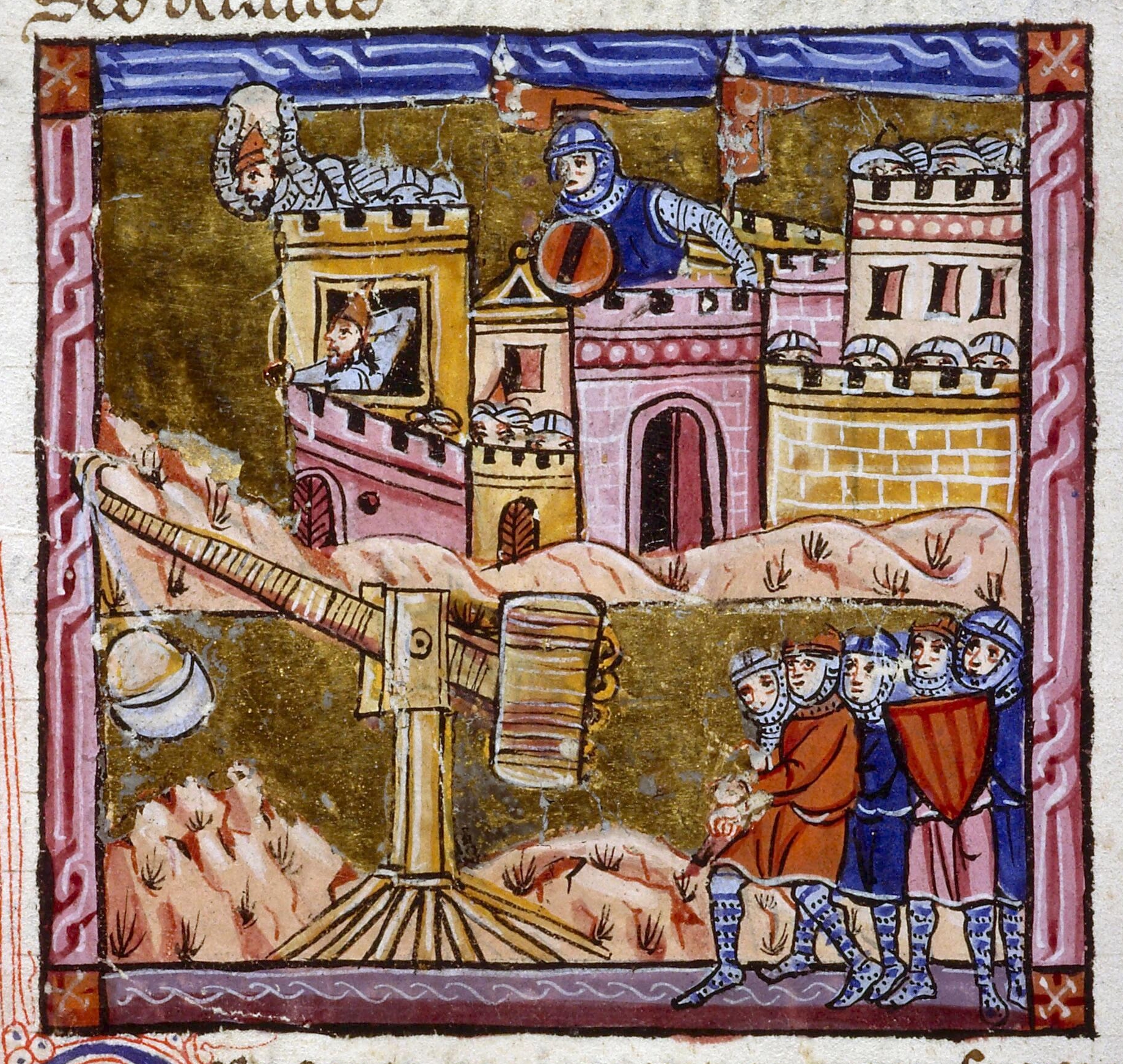 Medieval manuscript illustration depicting a siege during the Crusades, from a 13th century French manuscript