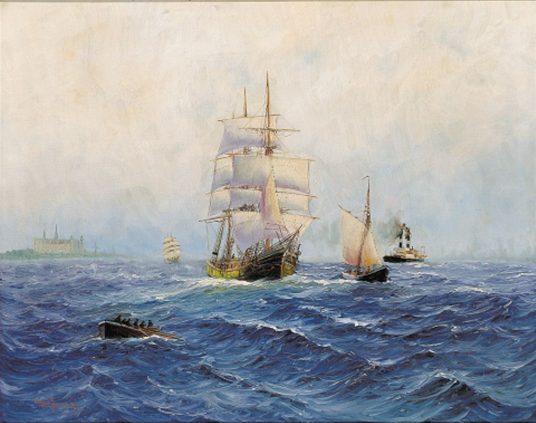 Painting of sailing ships passing through the Øresund strait with Kronborg Castle in the background, by Alfred Jensen